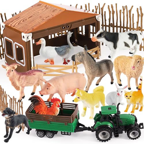 BUYGER Scheune Bauernhof Tiere Figuren Spielzeug, Realistische Tiere Set mit Traktor Anhänger e Zäune, Tierfiguren, Lernspielzeug Geschenke für Mädchen Jungen ab 3 Jahre von BUYGER