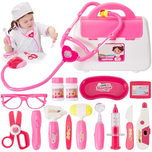 BUYGER Arztkoffer Kinder, Doktorkoffer mit Stethoskop, Spritze Medizinische Spielzeug, Doktor Spielset Rollenspiel Geschenke Mädchen Jungen (Rosa) von BUYGER