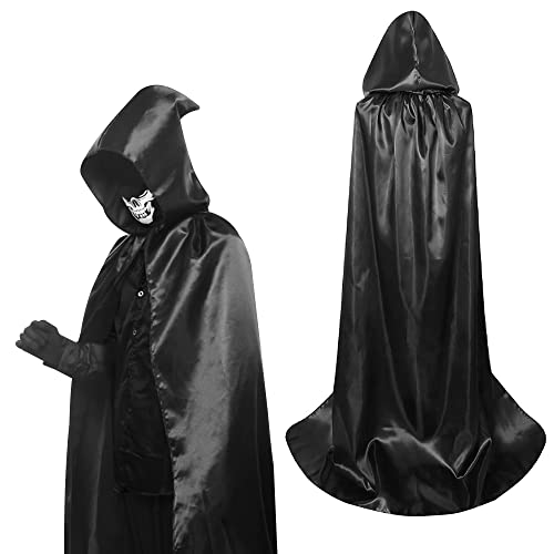 BUZIFU Umhang Mit Kapuze Halloween Umhang Unisex Lange Kapuzenumhang Cape Lange Satin Cape Vampir Umhang Halloween Cosplay Cape Karneval Fasching Kostüm für Herren und Kinder (XL, Schwarz) von BUZIFU