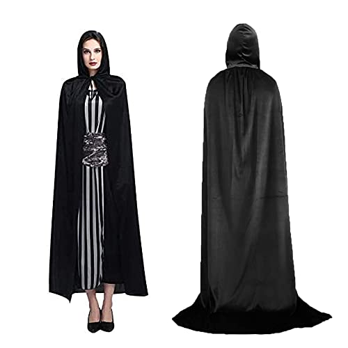 BUZIFU Umhang Mit Kapuze Halloween Umhang Unisex Lange Kapuzenumhang Cape Lange Satin Cape Vampir Umhang Halloween Cosplay Cape Karneval Fasching Kostüm für Herren und Kinder (L, Schwarz) von BUZIFU