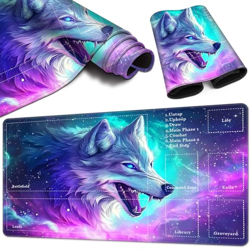 Magic Card Game Playmat 61 x 35,6 cm, genähte Kanten, TCG-Spielmatte mit Zonen, rutschfeste Gummi-Rückseite, Sammelkartenspiel, Brettspiel-Matte, Galaxie-Wolf von BVCLKJPOI