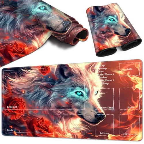 Magic Card Game Playmat 61 x 35,6 cm, genähte Kanten, TCG-Spielmatte mit Zonen, rutschfeste Gummi-Rückseite, Sammelkartenspiel, Brettspiel-Matte, Rosenwolf von BVCLKJPOI