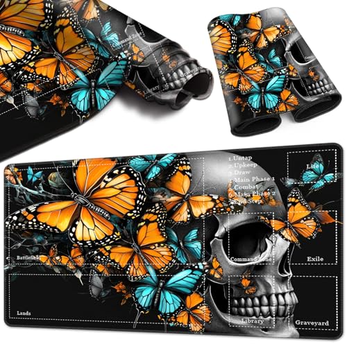 Magic Card Game Playmat 61 x 35,6 cm, genähte Kanten, TCG-Spielmatte mit Zonen, rutschfeste Gummi-Rückseite, Sammelkartenspiel, Brettspiel-Matte, Schmetterlingsschädel von BVCLKJPOI