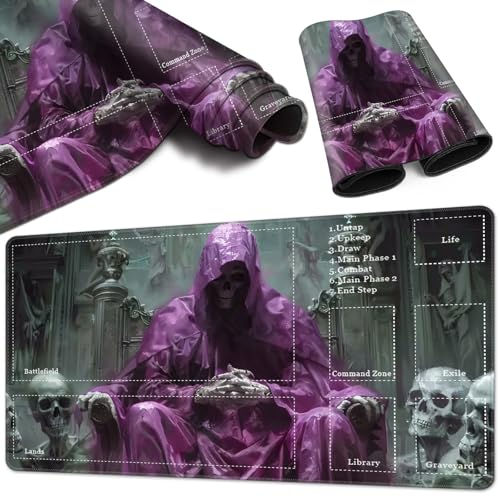Magic Card Game Playmat 61 x 35,6 cm, genähte Kanten, TCG-Spielmatte mit Zonen, rutschfeste Gummi-Rückseite, Sammelkartenspiel, Brettspiel-Matte, lila Skelett von BVCLKJPOI