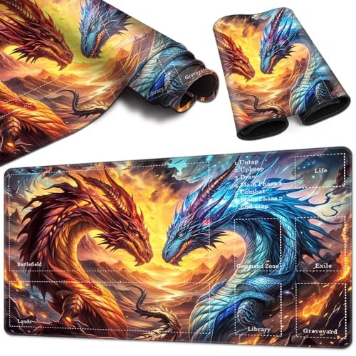 Magic Card Game Playmat 61 x 35,6 cm, genähte Kanten, TCG-Spielmatte mit Zonen, rutschfeste Gummi-Rückseite, Sammelkartenspiel, Brettspiel-Matte, roter und blauer Drache Magic Card Game Playmat 61 x 35,6 cm, genähte Kanten, TCG-Spielmatte mit Zonen, rutschfeste Gummi-Rückseite, Sammelkartenspiel, Brettspiel-Matte, roter und blauer Drache von BVCLKJPOI