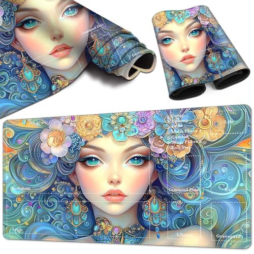 Magic Card Game Playmat 61 x 35,6 cm, genähte Kanten, TCG-Spielmatte mit Zonen, rutschfeste Gummi-Rückseite, Sammelkartenspiel, Brettspiel-Matte, schönes Mädchen von BVCLKJPOI