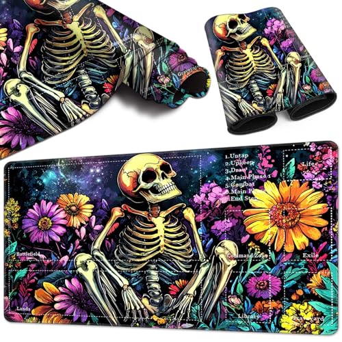 Magic Card Game Playmat 61 x 35,6 cm, genähter Rand, TCG-Spielmatte mit Zonen, rutschfeste Gummi-Rückseite, Sammelkartenspiel, Brettspiel-Matte, Blumenskelett von BVCLKJPOI
