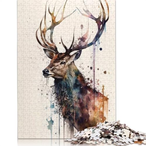 1000-teiliges Hirsch-Aquarell-Puzzle für Erwachsene, Papierpuzzle, Puzzle für Erwachsene, 1000 Teile (75 x 50 cm) von BVGVFHT