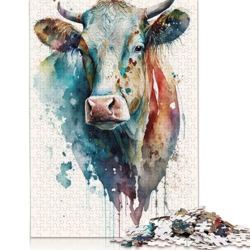 1000-teiliges Puzzle „Sanfte Kuh in Aquarell“ für Erwachsene und Teenager, Lernspielzeug aus Papier, 1000 Teile (38 x 26 cm) von BVGVFHT