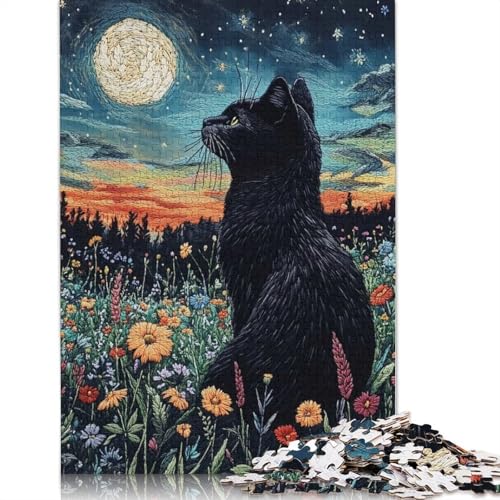 1000-teiliges Puzzle „Schwarze Katze unter Sternennacht“ für Erwachsene, Papierpuzzles für Erwachsene, Teenager, Mann, Frau, Geschenk, 1000 Stück (38 x 26 cm) von BVGVFHT