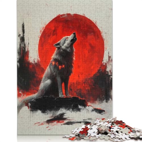 1000-teiliges Puzzle „Wolf heult den roten Mond“ für Erwachsene, Papierpuzzle, Puzzle für Erwachsene, für Familienspaß und Spieleabend, 1000 Teile (75 x 50 cm) von BVGVFHT