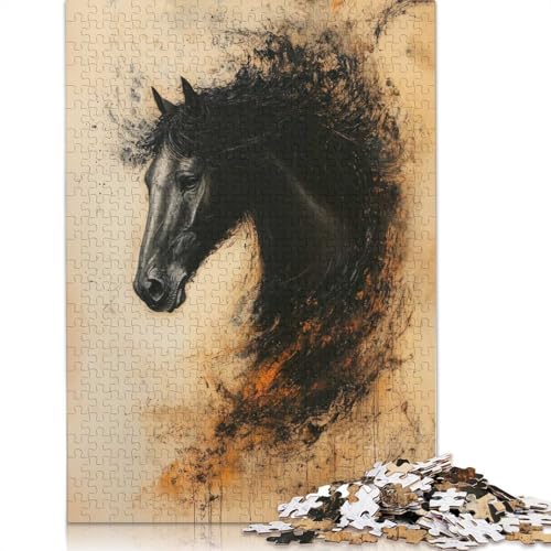 1000-teiliges Puzzle für Erwachsene mit schwarzem Pferdeporträt, Papierpuzzle für Erwachsene, Lernspiel, Herausforderungsspielzeug, 1000 Stück (38 x 26 cm) von BVGVFHT
