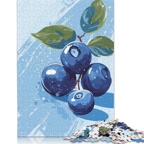 1000-teiliges Puzzle mit Blaubeeren auf blauem Hintergrund für Erwachsene, Papierpuzzles für Teenager, Geschenke, einzigartige Heimdekoration und Geschenke (75 x 50 cm) von BVGVFHT