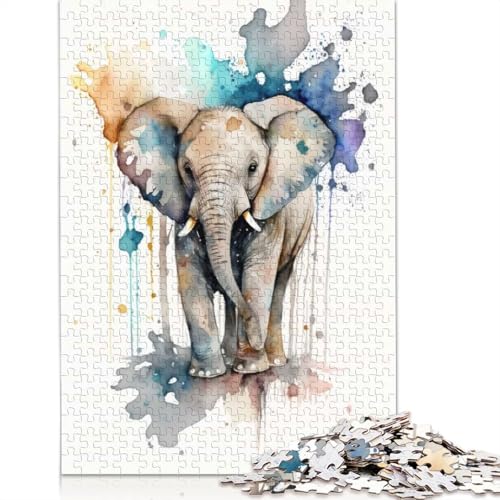 1000-teiliges Puzzle mit Elefantenbaby-Aquarell für Erwachsene und Teenager, Papierpuzzle, Lernspiel, Herausforderung, Spielzeug, Geburtstagsgeschenke, 1000 Stück (38 x 26 cm) von BVGVFHT