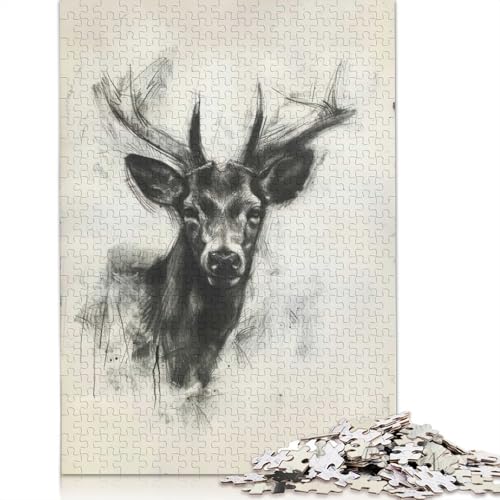 1000-teiliges Puzzle mit Hirsch in Kohleskizze für Erwachsene, Papierpuzzle, Puzzle für Erwachsene, 1000 Teile (75 x 50 cm) von BVGVFHT