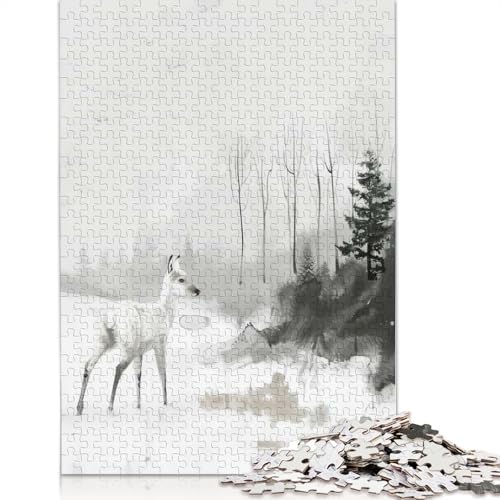 1000-teiliges Puzzle mit Hirschen im Winterwald, Gemälde für Erwachsene, Papierpuzzle für Erwachsene, für Familienspaß und Spieleabend (38 x 26 cm) von BVGVFHT