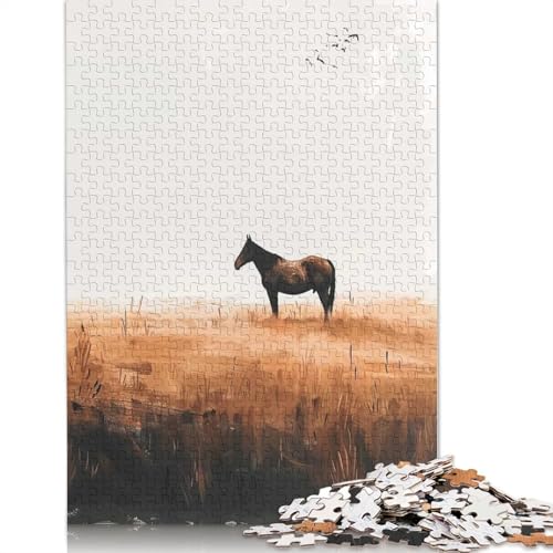 1000-teiliges Puzzle mit einsamem Pferd auf dem Feld für Erwachsene, Puzzles, Lernspielzeug, 1000 Teile (38 x 26 cm) von BVGVFHT