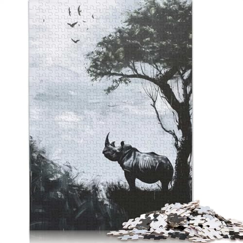 Nashorn-Silhouette, 1000-teiliges Puzzle für Teenager, Geschenke, Papierpuzzle, Puzzle für Erwachsene, Lernspiele für Zuhause, DIY-Spielzeug, 1000 Teile (38 x 26 cm) von BVGVFHT