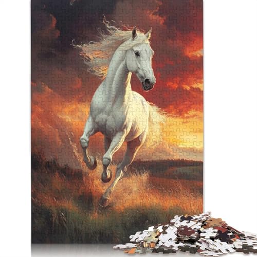 Puzzle für Erwachsene, weißes Pferd, laufender Sonnenuntergang, Papierpuzzles für Teenager, Geschenke, Heimdekoration, Puzzlespielzeug, 1000 Teile (75 x 50 cm) von BVGVFHT