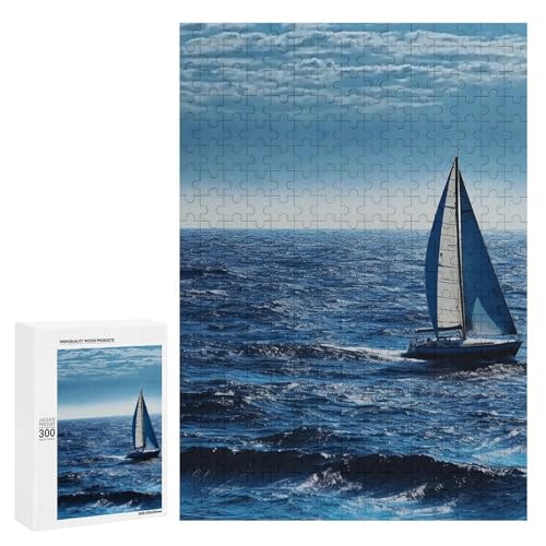 Holzpuzzle für Erwachsene, Blaues Meer Segelboot Gedrucktes Puzzle für Erwachsene, Kommt mit Einer schönen Box von BVKWNTSA