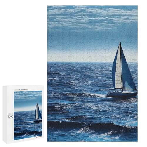 Holzpuzzle für Erwachsene, Blaues Meer Segelboot Gedrucktes Puzzle für Erwachsene, Kommt mit einer schönen Box von BVKWNTSA