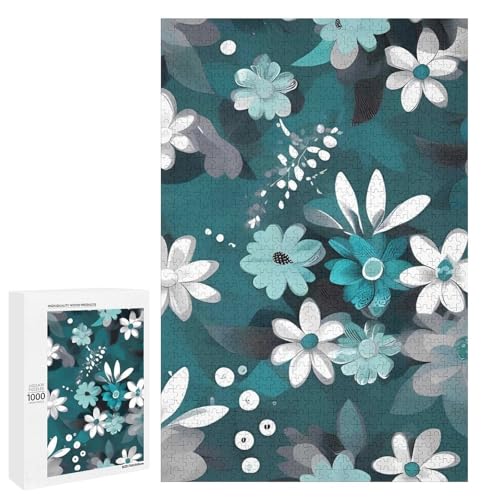 Holzpuzzle für Erwachsene, Blaugrün Grau und Weiß Floral Printed Puzzle für Erwachsene, Kommt mit einer schönen Box von BVKWNTSA