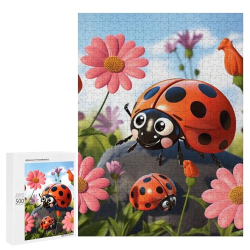 Holzpuzzle für Erwachsene, Cartoon Marienkäfer Blume gedrucktes Puzzle für Erwachsene, kommt mit Einer schönen Box von BVKWNTSA