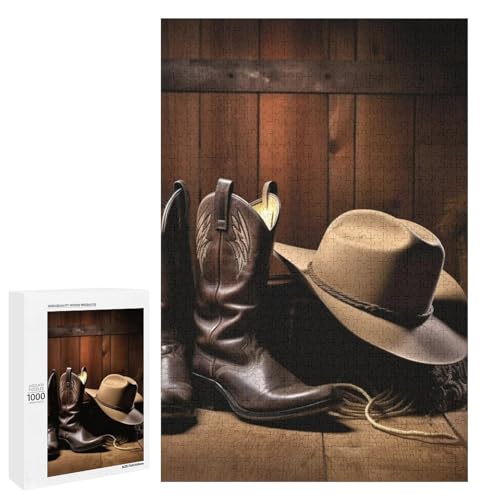 Holzpuzzle für Erwachsene, Cowboy Schwarzer Hut Westernstiefel Gedrucktes Puzzle für Erwachsene, Kommt mit einer schönen Box von BVKWNTSA