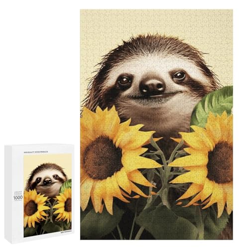 Holzpuzzle für Erwachsene, Faultier Sonnenblume gedrucktes Puzzle für Erwachsene, kommt mit einer schönen Box von BVKWNTSA