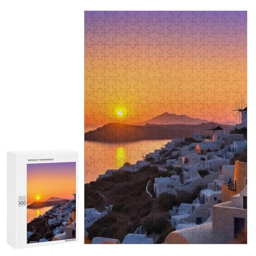 Holzpuzzle für Erwachsene, Griechenland Insel Sonnenuntergang Landschaft Gedrucktes Puzzle für Erwachsene, Kommt mit Einer schönen Box von BVKWNTSA
