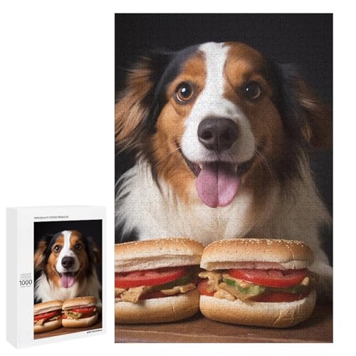 Holzpuzzle für Erwachsene, Hund hält einen Hot Dog gedrucktes Puzzle für Erwachsene, kommt mit einer schönen Box von BVKWNTSA