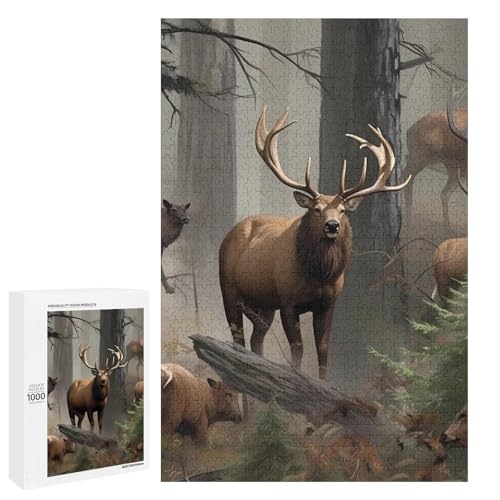 Holzpuzzle für Erwachsene, Jagd Hirsch Bär Elch Gedruckt Puzzle für Erwachsene, Kommt mit einer schönen Box von BVKWNTSA