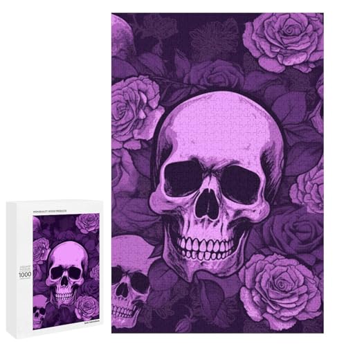 Holzpuzzle für Erwachsene, Lila Schädel und Rosen Gedrucktes Puzzle für Erwachsene, Kommt mit einer schönen Box von BVKWNTSA