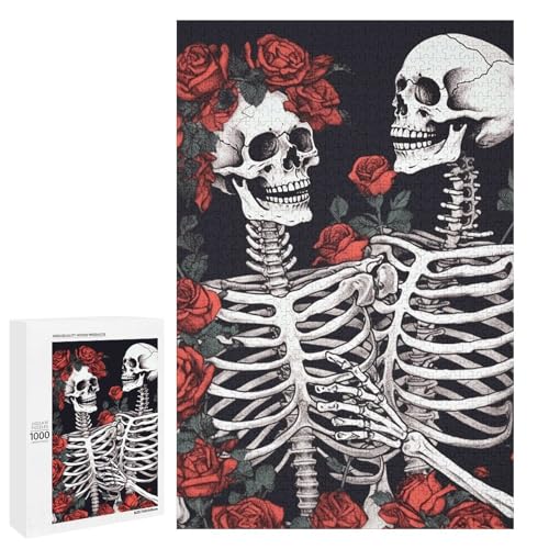 Holzpuzzle für Erwachsene, Rose und Skelett gedrucktes Puzzle für Erwachsene, kommt mit einer schönen Box von BVKWNTSA