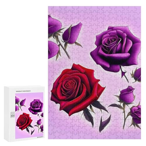 Holzpuzzle für Erwachsene, Rote und Lila Rosen Gedrucktes Puzzle für Erwachsene, Kommt mit Einer schönen Box von BVKWNTSA