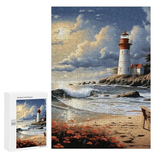 Holzpuzzle für Erwachsene, Sea Lighthouse Sandbeach Printed Puzzle für Erwachsene, Kommt mit Einer schönen Box von BVKWNTSA