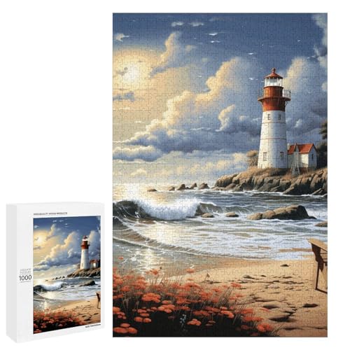 Holzpuzzle für Erwachsene, Sea Lighthouse Sandbeach Printed Puzzle für Erwachsene, Kommt mit Einer schönen Box von BVKWNTSA