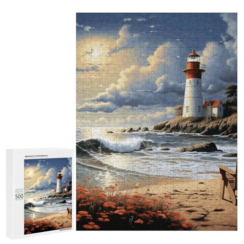 Holzpuzzle für Erwachsene, Sea Lighthouse Sandbeach Printed Puzzle für Erwachsene, Kommt mit Einer schönen Box von BVKWNTSA