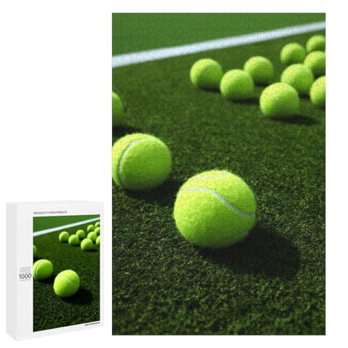 Holzpuzzle für Erwachsene, Tennisbälle auf Tennisgrasplatz, gedrucktes Puzzle für Erwachsene, kommt mit Einer schönen Box von BVKWNTSA