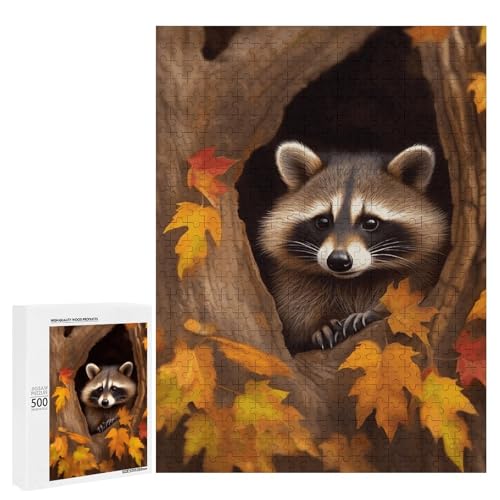Holzpuzzle für Erwachsene, Waschbär im Herbstbaumloch, gedrucktes Puzzle für Erwachsene, kommt mit Einer schönen Box von BVKWNTSA