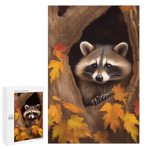 Holzpuzzle für Erwachsene, Waschbär im Herbstbaumloch, gedrucktes Puzzle für Erwachsene, kommt mit einer schönen Box von BVKWNTSA