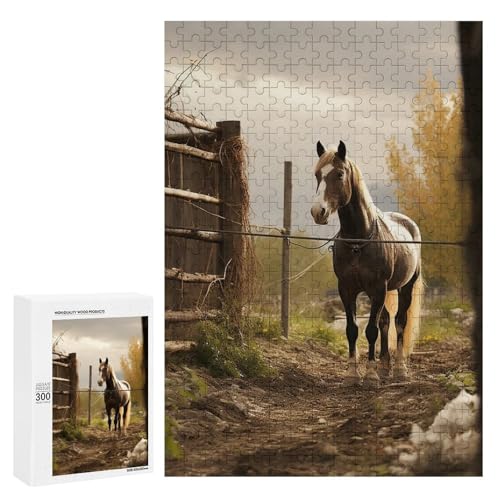Holzpuzzle für Erwachsene, Zaun und Pferd gedrucktes Puzzle für Erwachsene, kommt mit Einer schönen Box von BVKWNTSA