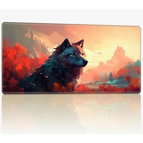 MTG Spielmatte mit genähten Kanten, 61 x 35,6 cm, genähte TCG-Karten-Spielmatte, Commander, Brettspiel-Matten, glatte Gummi-Oberfläche, Kampfspiel, Schreibtischmatte, Aquarellwolf von BWEGRHE