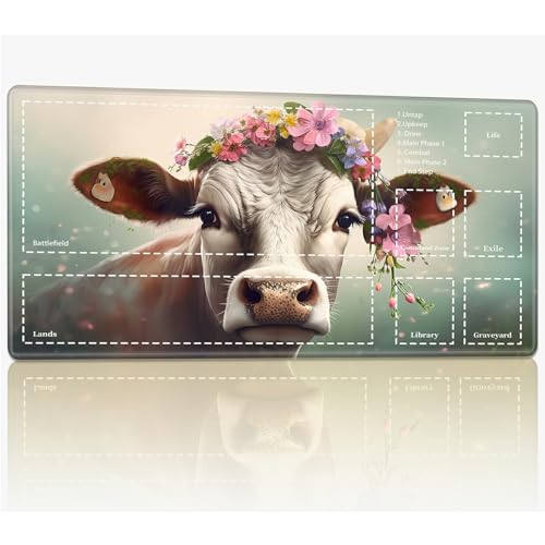 Playmat with Zones for MTG Magic The Gathering, 61.0 cmx35.6 cm Stitched TCG Trading Card Play Mat Commmander Board Game Mats Smooth Rubber Surface Battle Game Desk Mat, Cow with Flower von BWEGRHE