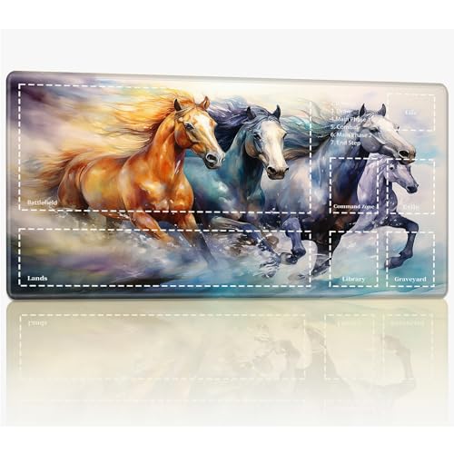 Playmat with Zones for MTG Magic The Gathering, 61.0 x 35.6 cm Stitched TCG Trading Card Play Mat Commander, Board Game Mats Smooth Rubber Surface Battle Game Desk Mat, Watercolor Horse Running von BWEGRHE