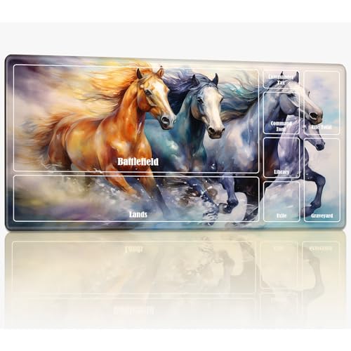 Spielmatte mit Zonen für MTG Magic The Gathering, 61 x 35,6 cm, genähte TCG-Karte, Spielmatte, Commander, Brettspiel-Matten, glatte Gummi-Oberfläche, Kampfspiel, Schreibtischmatte, Aquarell-Pferd von BWEGRHE
