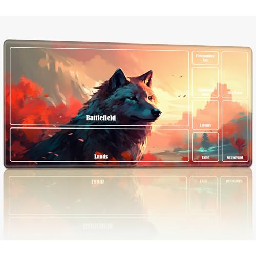 Spielmatte mit Zonen für MTG Magic The Gathering, 61 x 35,6 cm, genähte TCG-Karte, Spielmatte, Commander, Brettspiel-Matten, glatte Gummi-Oberfläche, Kampfspiel, Schreibtischmatte, Aquarellwolf von BWEGRHE