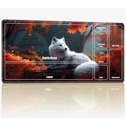 Spielmatte mit Zonen für MTG Magic The Gathering, 61 x 35,6 cm, genähte TCG-Karten-Spielmatte, Commander, Brettspiel-Matten, glatte Gummi-Oberfläche, Kampfspiel, Schreibtischmatte, weißer Fuchs von BWEGRHE