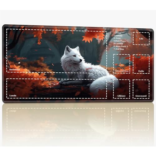 Spielmatte mit Zonen für MTG Magic The Gathering, 61 x 35,6 cm, genähte TCG-Sammelkartenspielmatte, Commander, Brettspiel-Matten, glatte Gummi-Oberfläche, Kampfspiel, Schreibtischmatte, weißer Fuchs von BWEGRHE