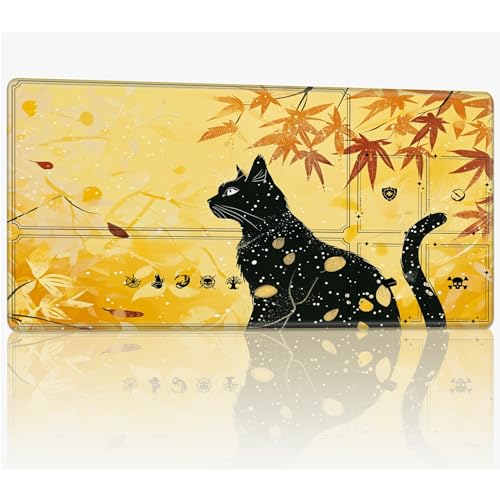 Tabletop Card Playmat with Magic Zones, 61.0 cmx35.6 cm Stitched TCG Card Play Mat Commander, Board Game Mats Smooth Rubber Surface Battle Game Desk Mat, Black Cat Maple von BWEGRHE